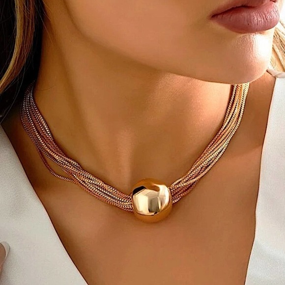 Gold 18K GP Multi Layered Chain Ball Necklace - Picture 1 of 7